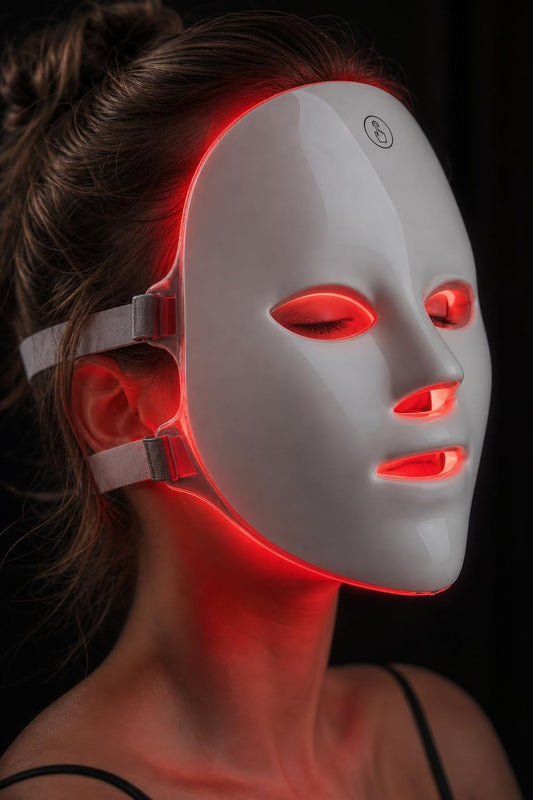 Mascarilla LED Glowra encendida en luz roja